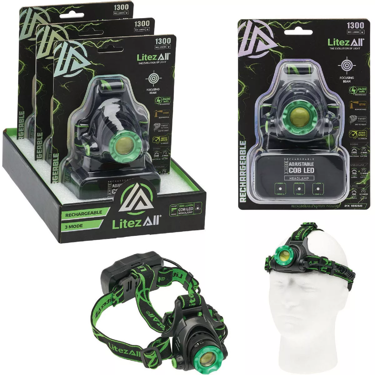 LitezAll 1300 Lm. LED Rechargeable Headlamp