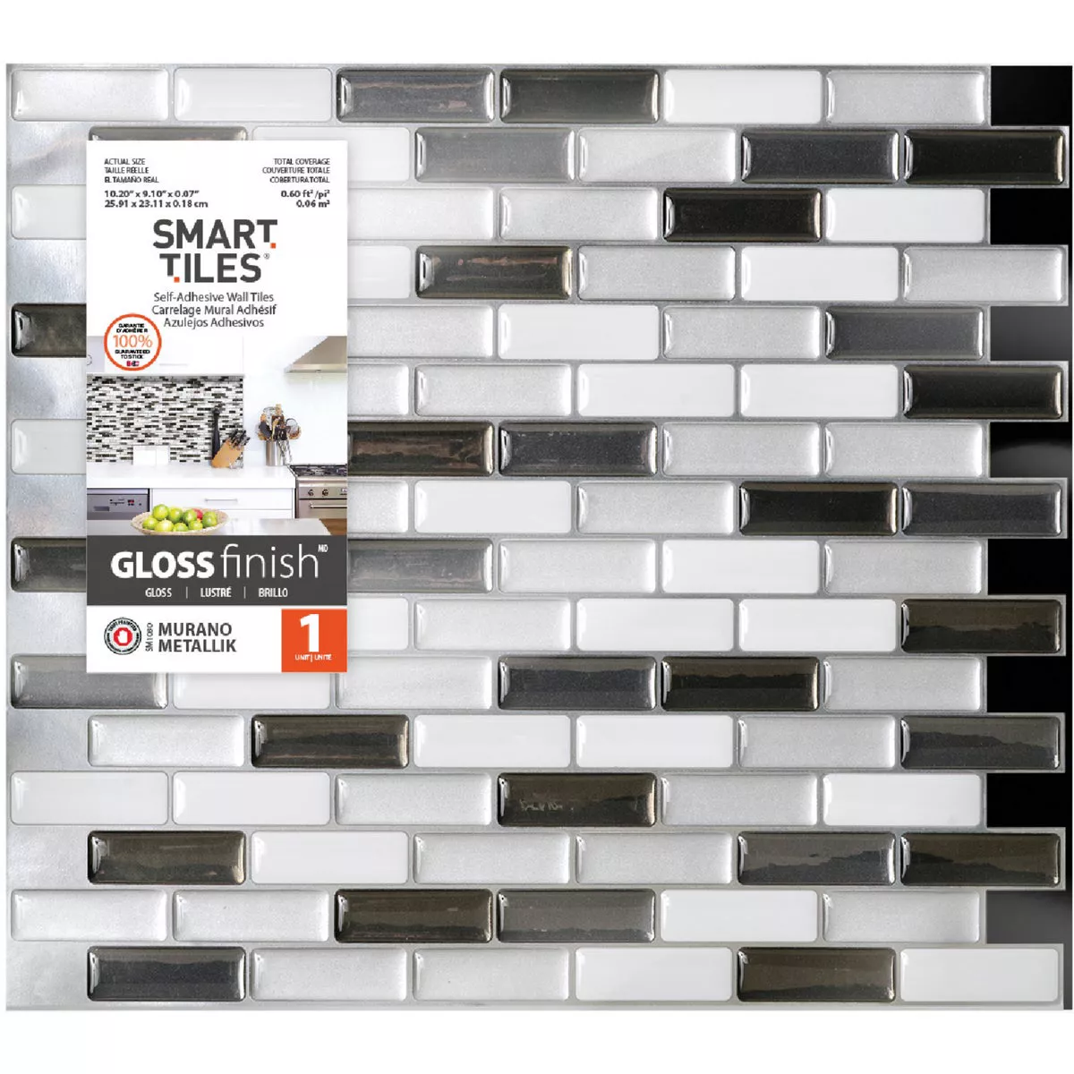 Smart Tiles Approx. 10 In. x 10 In. Glass-Like Vinyl Backsplash Peel & Stick, Murano Metallik Mosaic