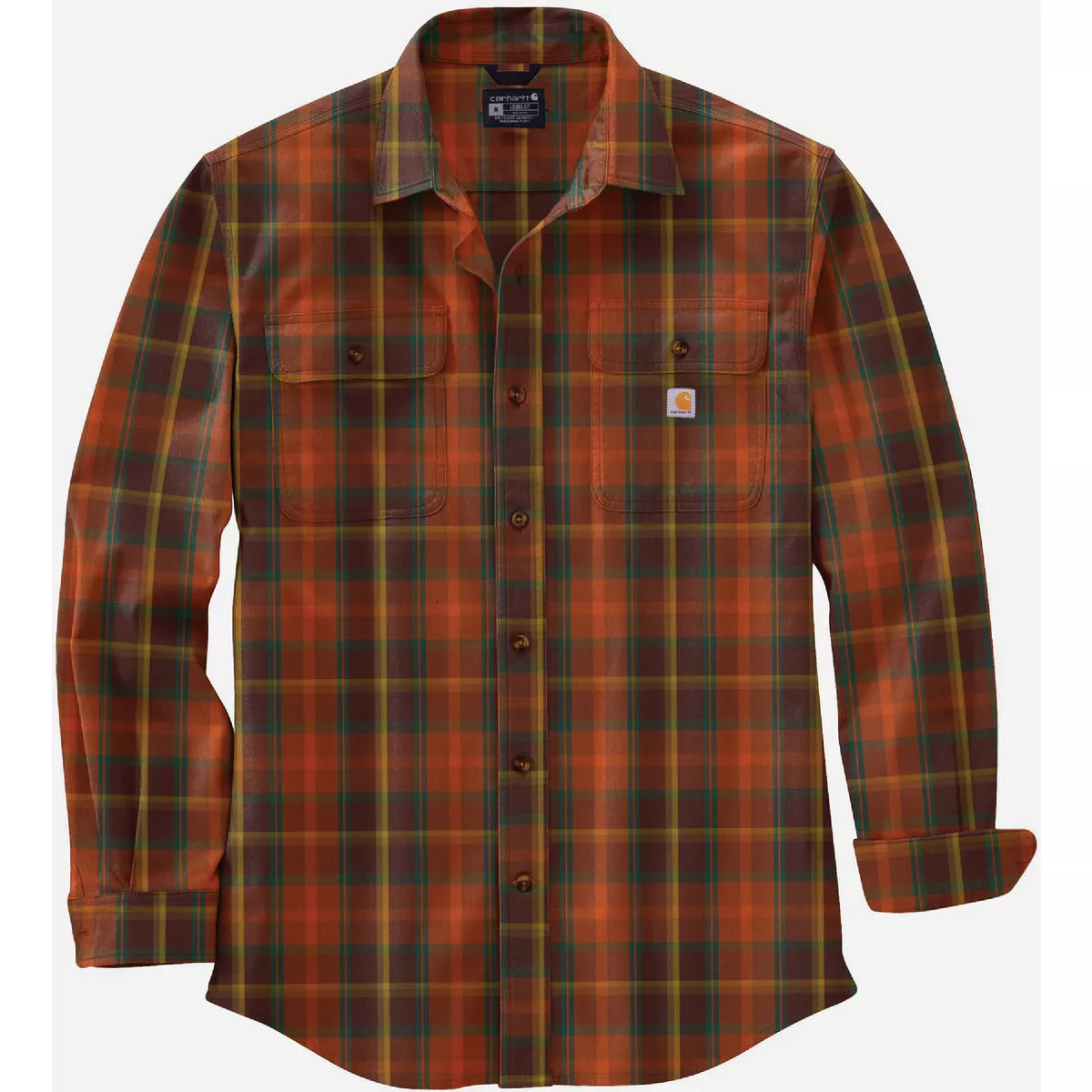 Carhartt Men's 2XL Tall Burnt Sienna Long Sleeve Heavyweight Flannel Plaid Button Down Shirt, Loose Fit