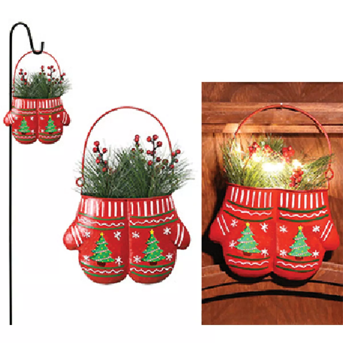 Alpine LED Metal Red Hanging Christmas Mittens Planter