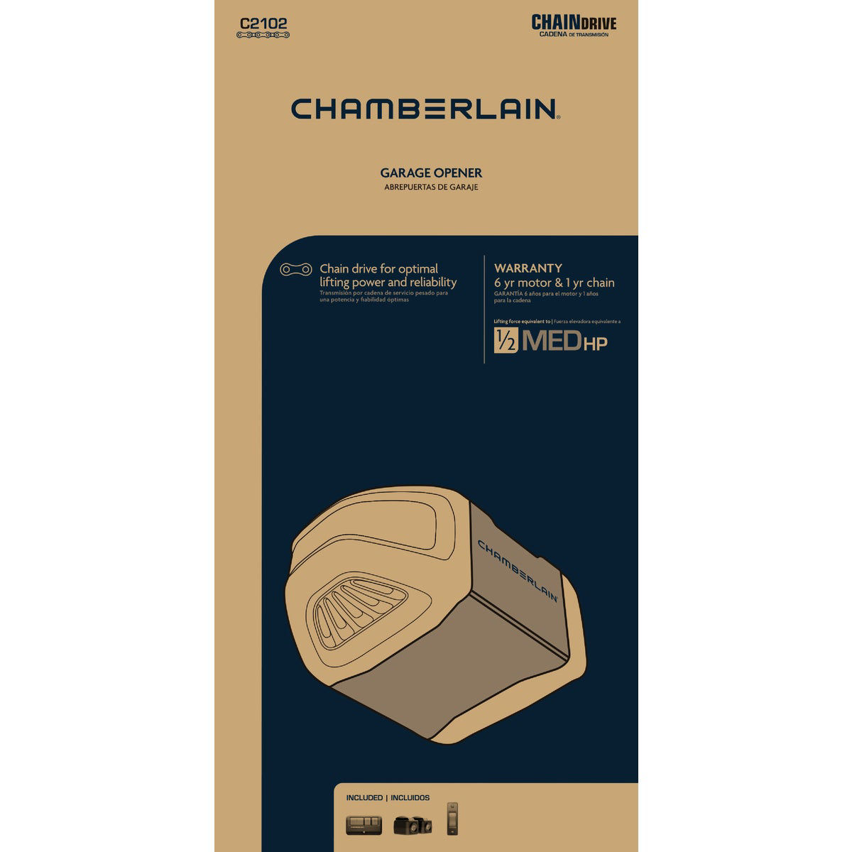 Chamberlain C2102 1/2 HP Durable Chain Drive Garage Door Opener with