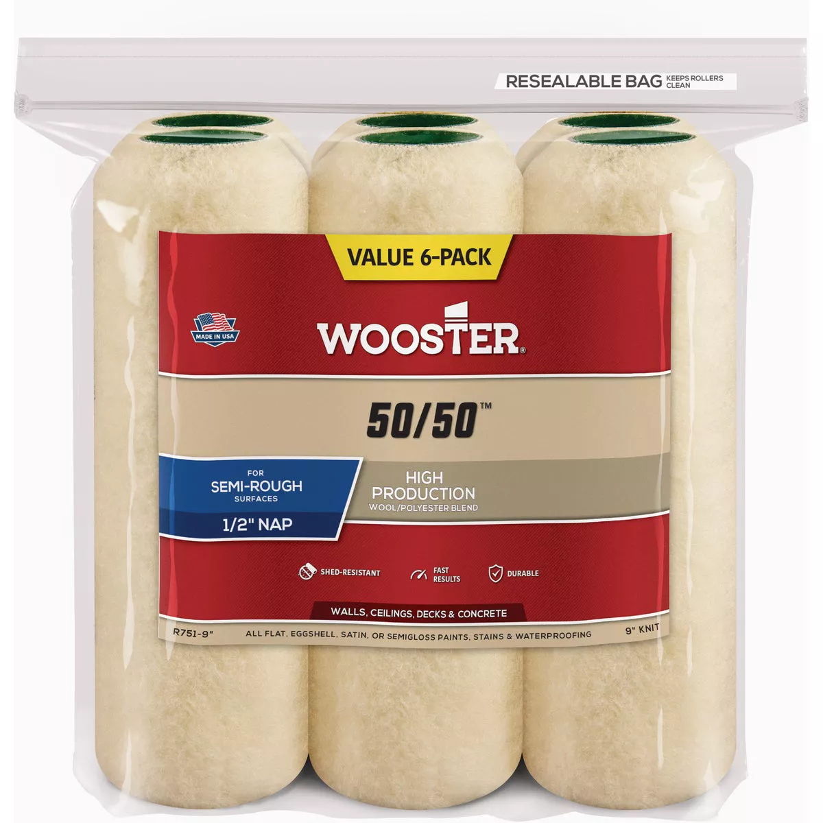 Wooster 9x1/2 50/50 Roller Cover (6-Pack)