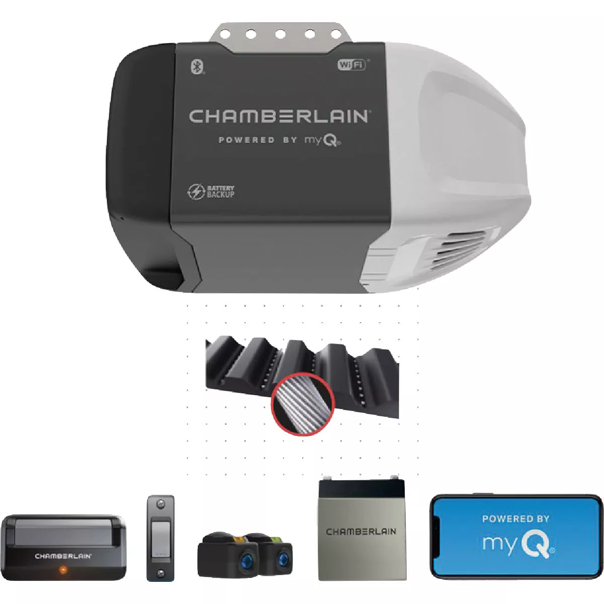 Chamberlain B2212T 1/2 HP myQ Smart Belt Drive Garage Door Opener with WiFi and Battery Backup