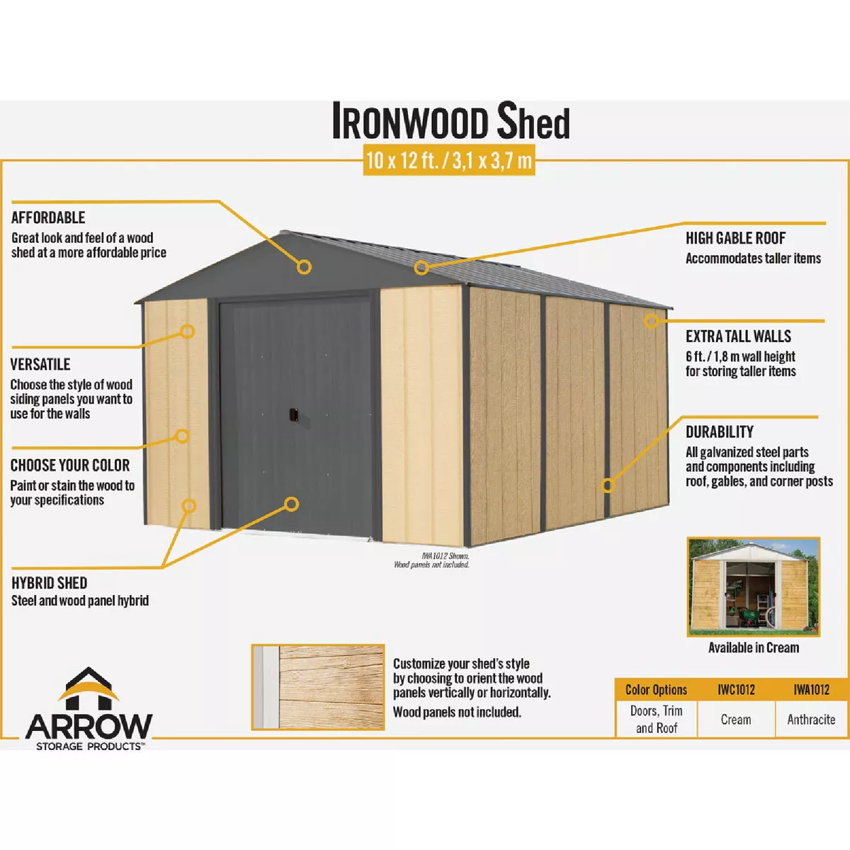 Arrow Ironwood 10 Ft. x 12 Ft. Galvanized Steel Hybrid Shed Kit, Anthracite - photo 4
