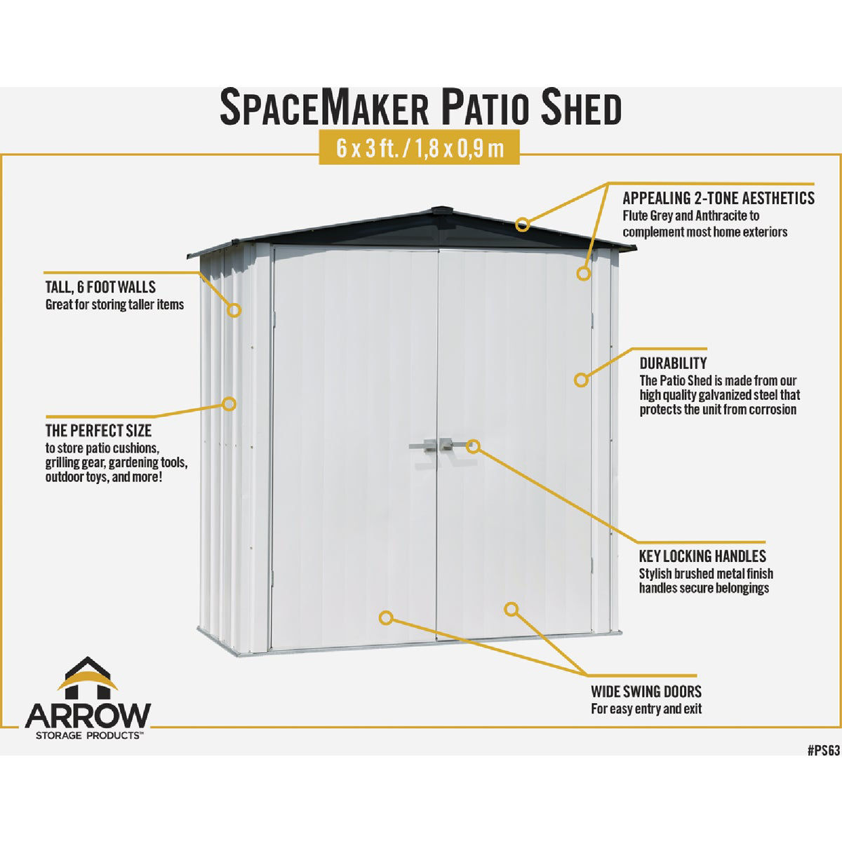 Arrow Spacemaker 6 Ft. x 3 Ft. Galvanized Steel Patio Shed, Flute Grey ...