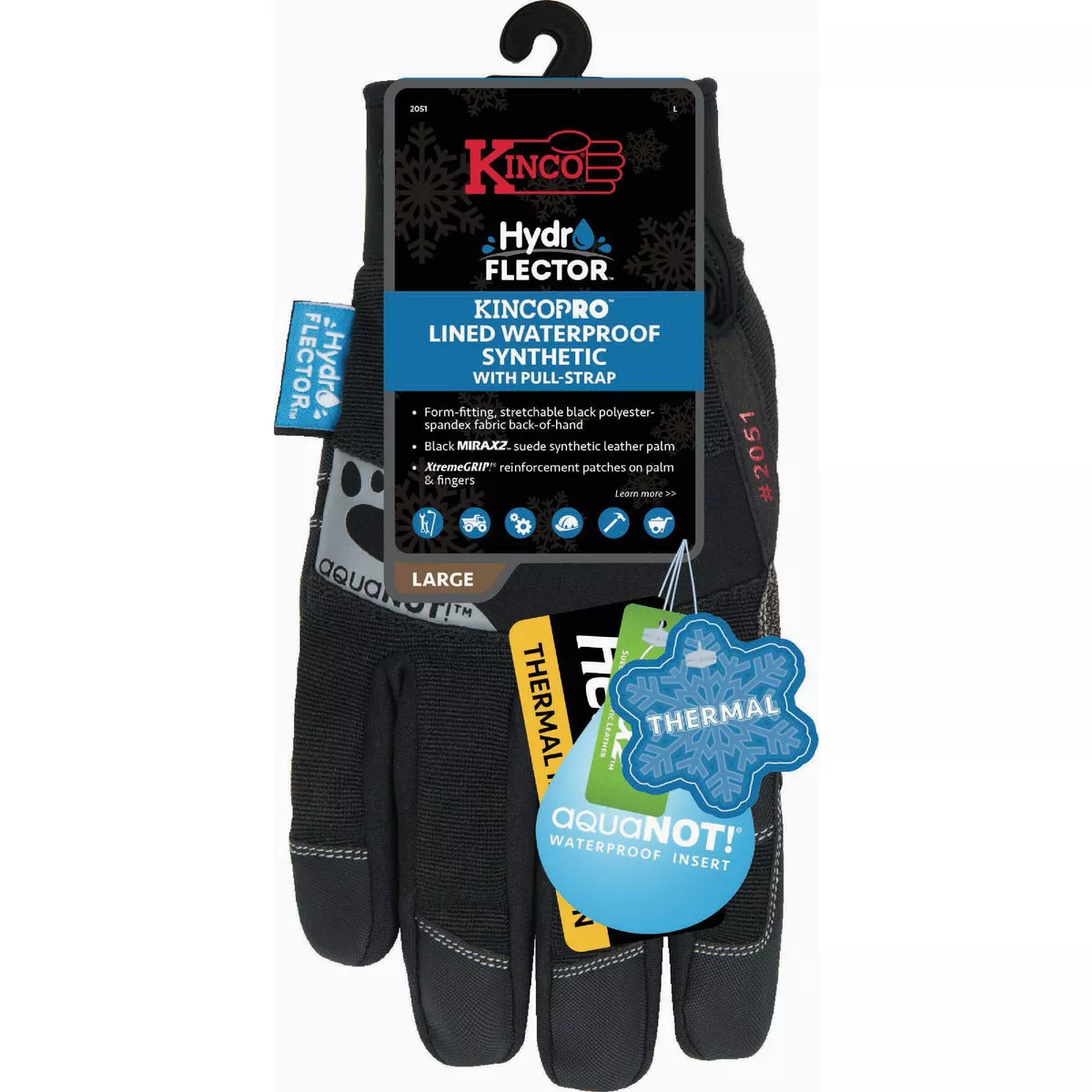 KincoPro HydroFlector Men's Large Lined Waterproof Synthetic Glove with Pull-Strap
