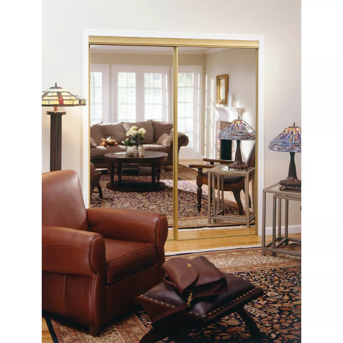 Erias 4050 Series 71 In. W. x 80-1/2 In. H. Mayan Gold Top Hung Mirrored Bypass Door