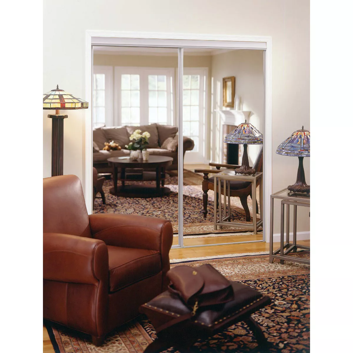 Erias 4050 Series 71 In. W. x 80-1/2 In. H. Bright White Top Hung Mirrored Bypass Door