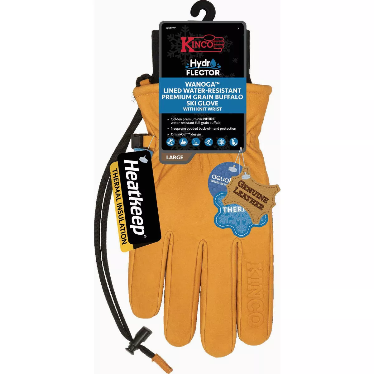 Kinco HydroFlector Wanoga Men's Large Lined Water-Resistant Premium Grain Buffalo Ski Glove with Knit Wrist