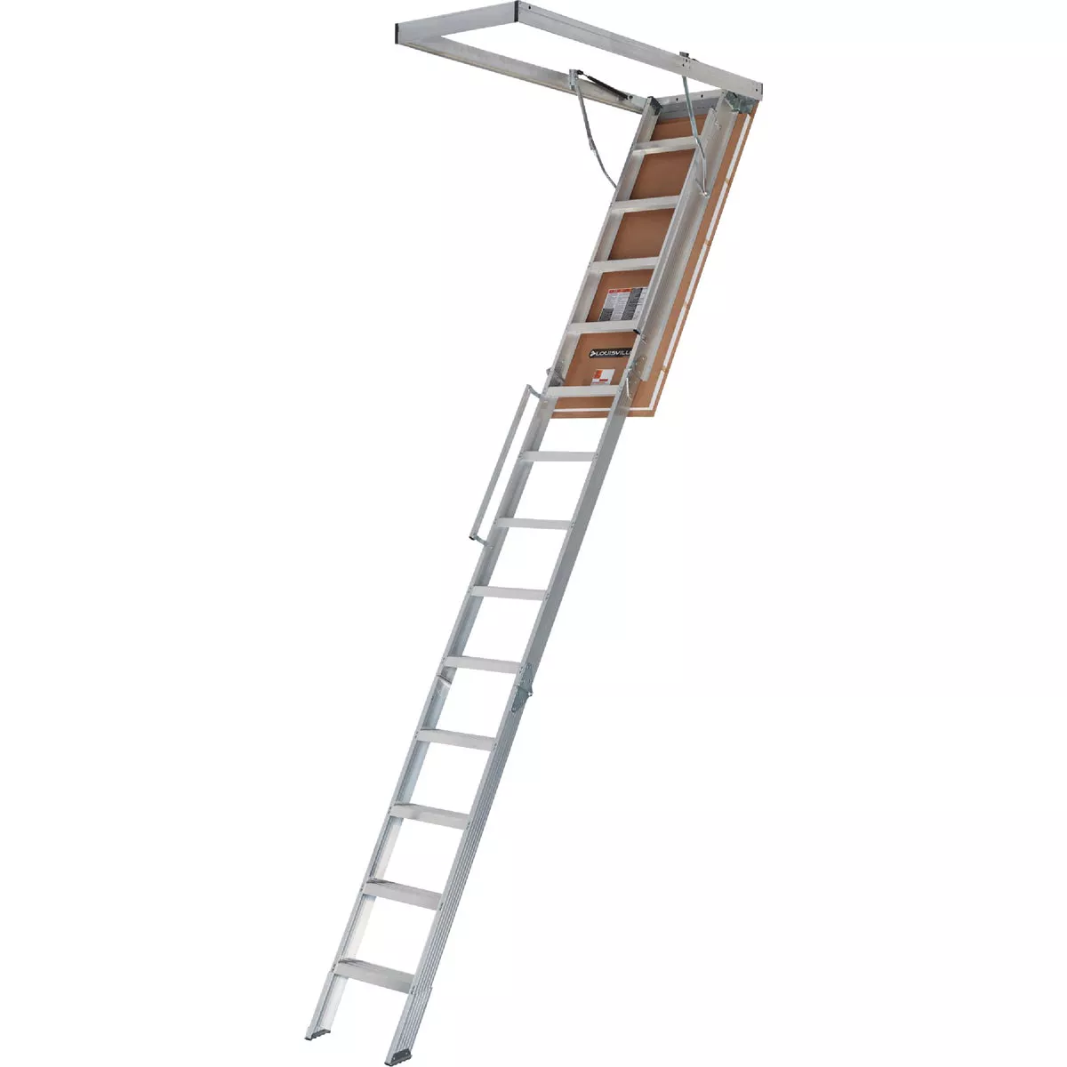 Louisville Everest 10 Ft. to 12 Ft. 25-1/2 In. x 63 In. Aluminum Attic Stairs with Aluminum Frame, 375 Lb. Load