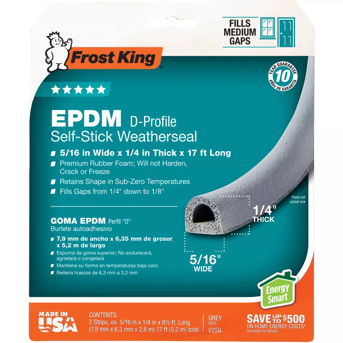 Frost King's 3/8 In. x 1/4 In. x 17 Ft. Gray EPDM D-Section Rubber Weatherseal Tape