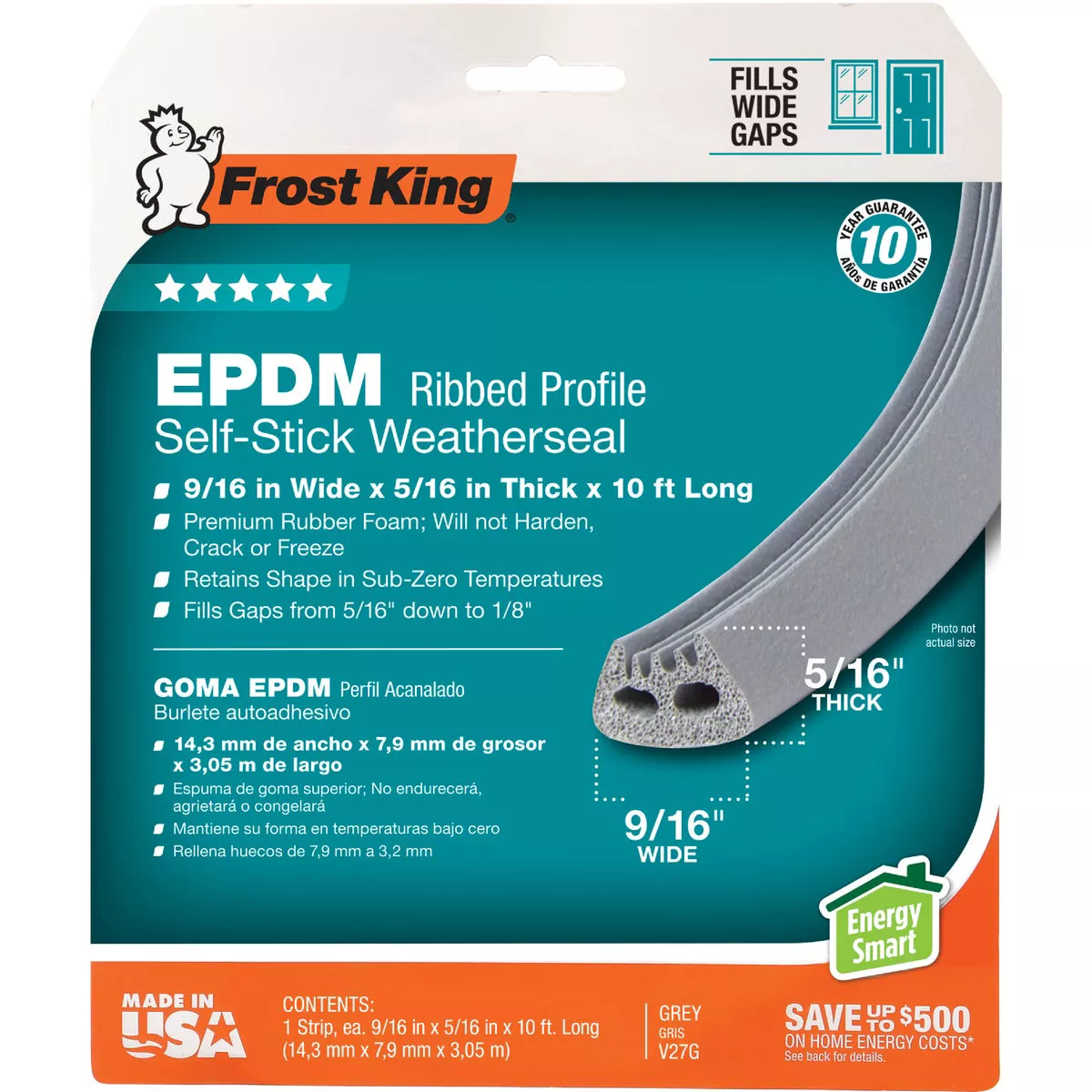 Frost King's 1/2 In. x 5/16 In. x 10 Ft. Gray EPDM Ribbed Rubber Weatherseal Tape-