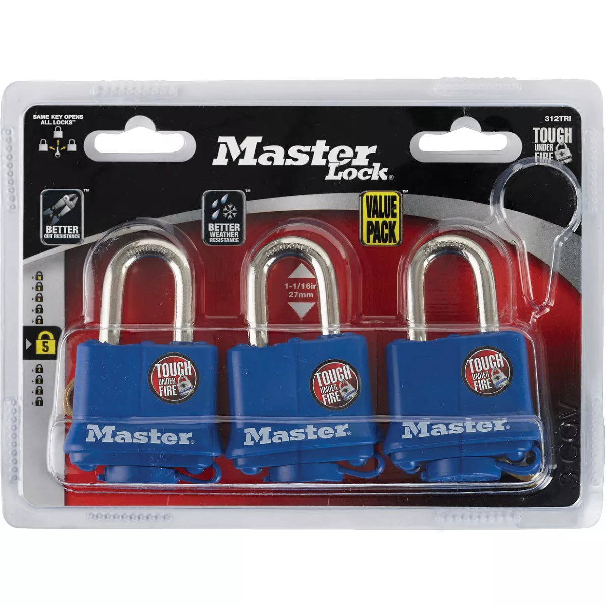 Master Lock 1-9/16 In. W. Covered Laminated Steel Pin Tumbler Padlock, Blue (3-Pack) - photo 2