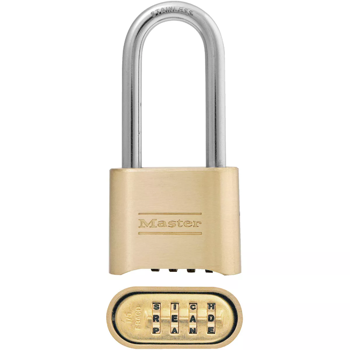 Master Lock 2 In. Zinc Brass Colored Alpha Long Shackle Combination Padlock