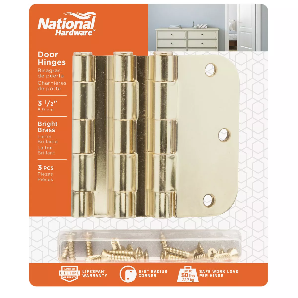 National Hardware 3-1/2 In. x 5/8 In. Radius Polished Brass Door Hinge (3-Pack) - photo 2