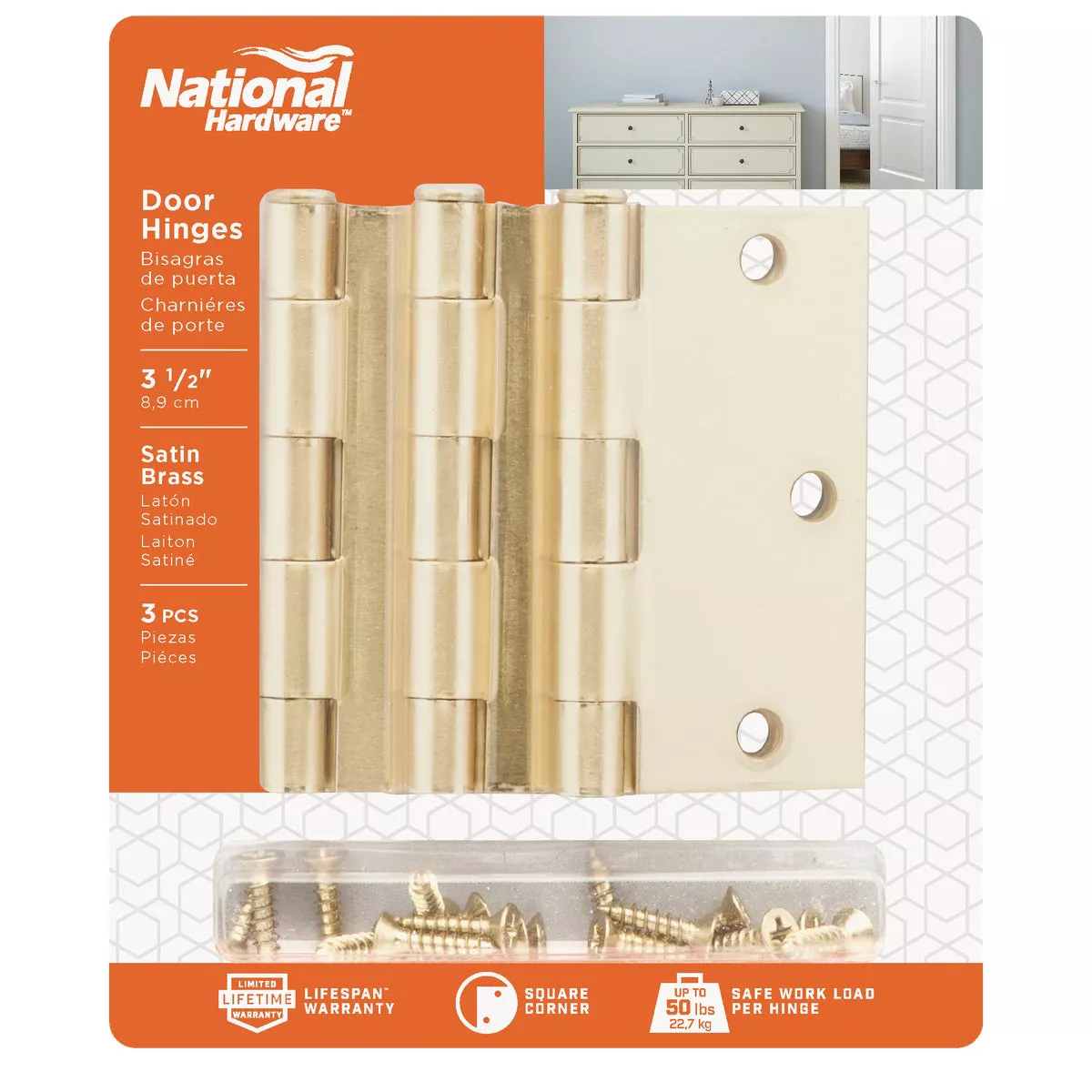 National Hardware 3-1/2 In. Square Satin Brass Door Hinge (3-Pack) - photo 2