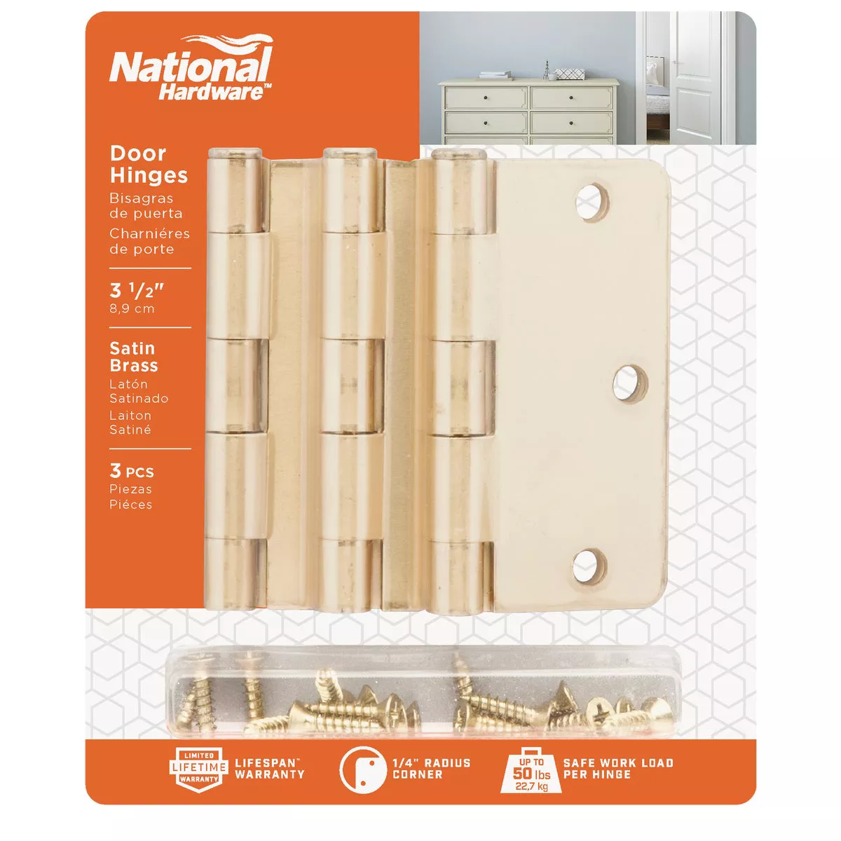 National Hardware 3-1/2 In. x 1/4 In. Radius Satin Brass Door Hinge (3-Pack) - photo 2