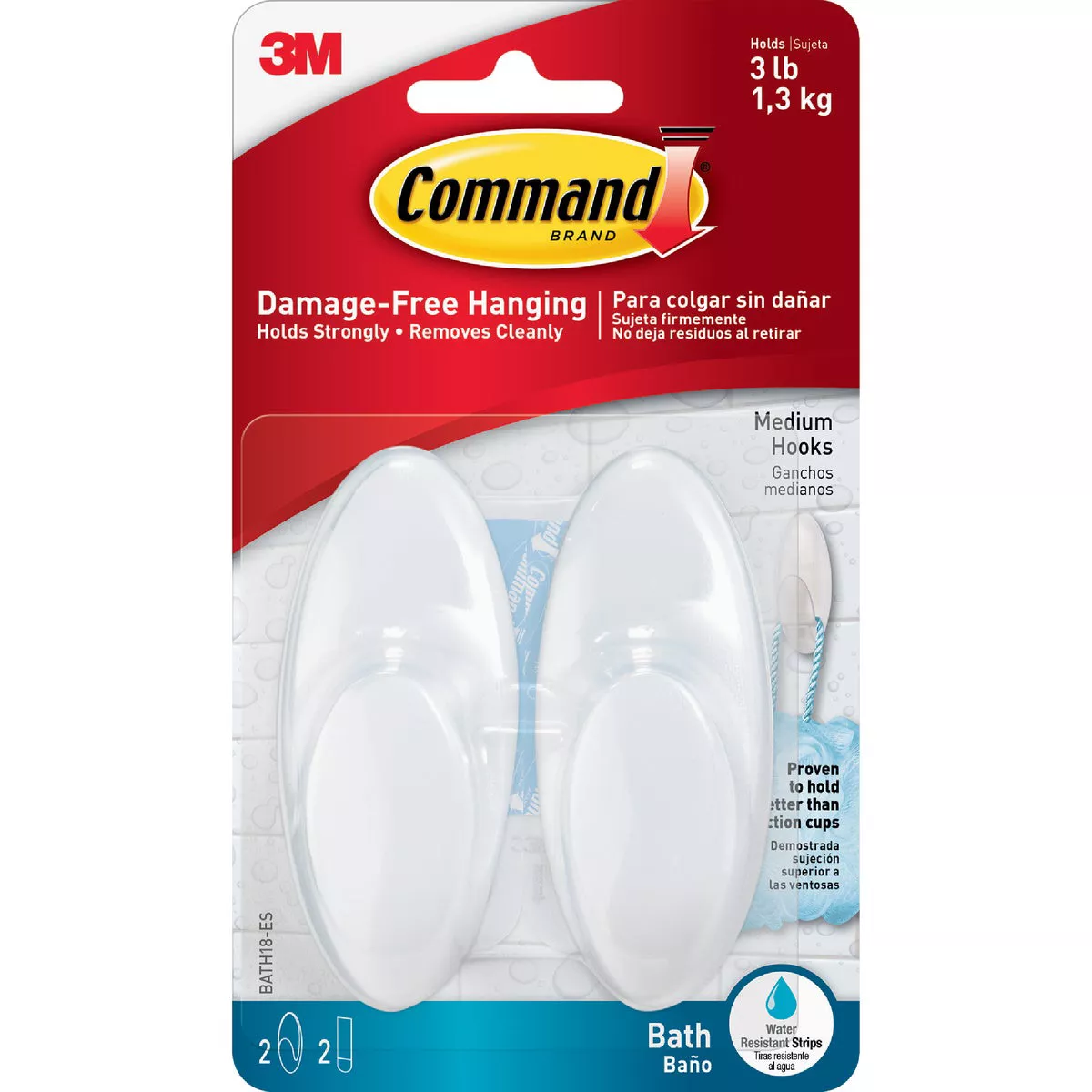 Command Medium Bath Hook, White, 2 Hooks, 2 Strips - photo 2