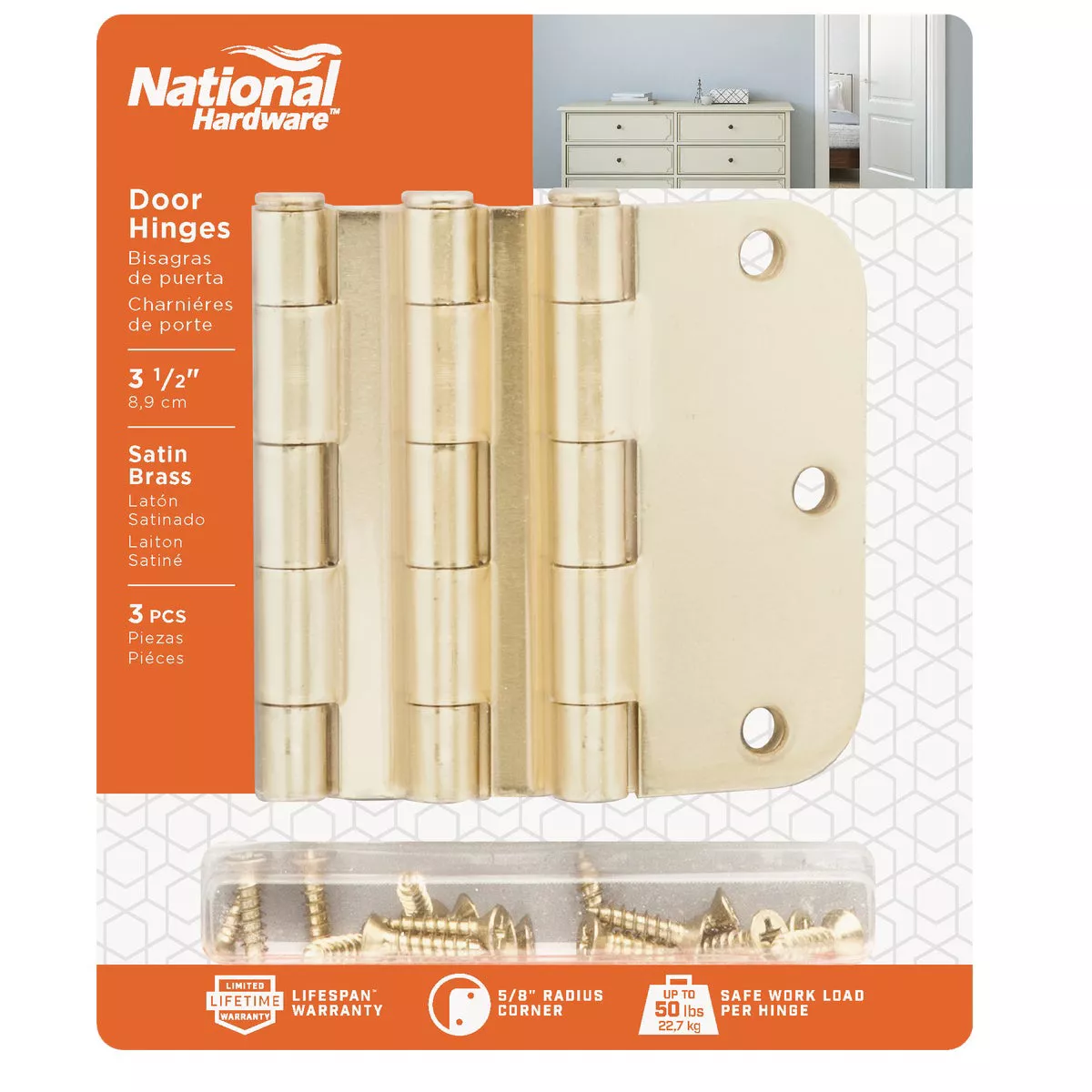 National Hardware 3-1/2 In. x 5/8 In. Radius Satin Brass Door Hinge (3-Pack) - photo 2