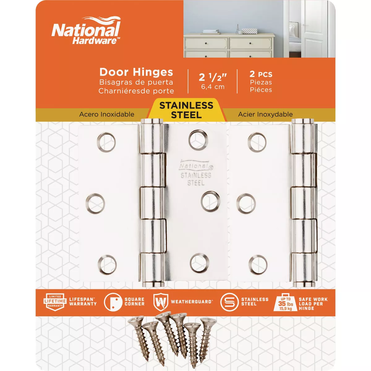National Hardware 2-1/2 In. Square Stainless Steel Door Hinge, (2-Pack) - photo 2