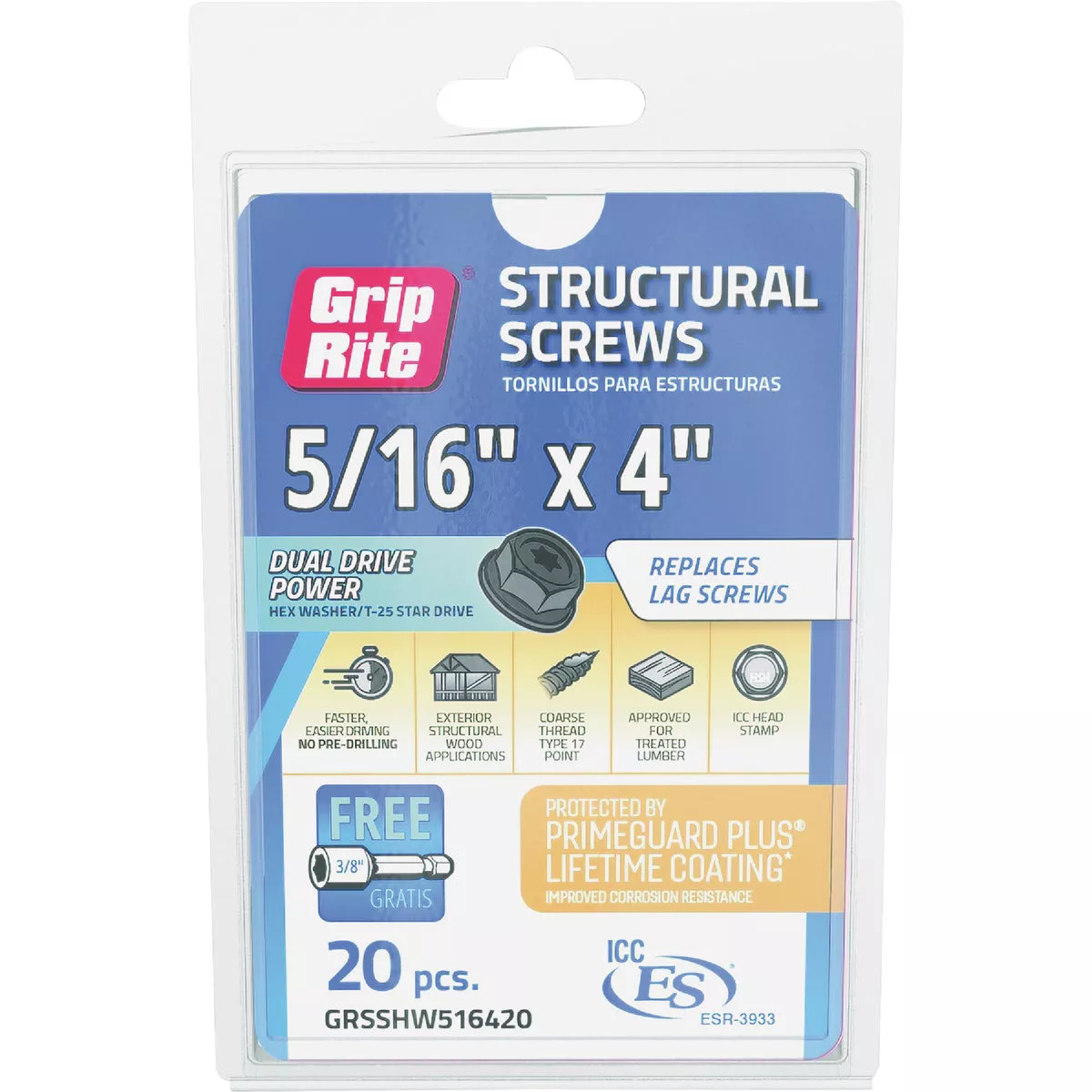 Grip-Rite PrimeGuard Plus 5/16 In. x 4 In. Hex Washer Head Structural Screw (20-Count) - photo 3