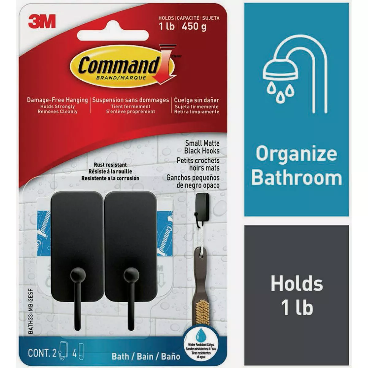 Command Small Bath Hook, Matte Black, 2 Hooks, 4 Strips