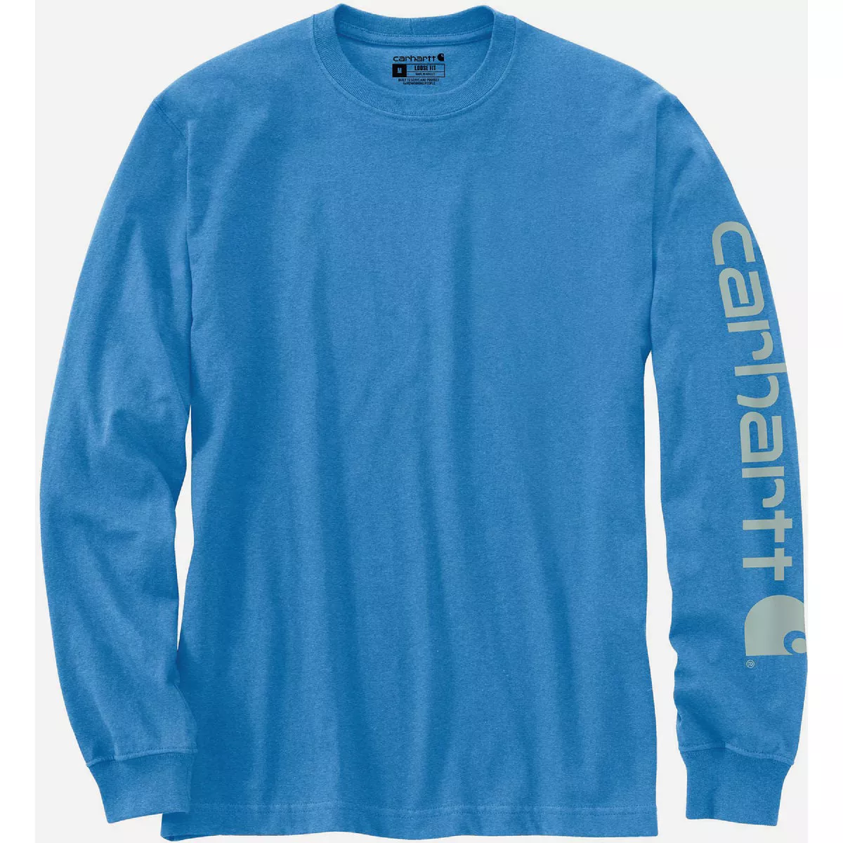 Carhartt Men's Large Regular Blue Lagoon Heather Heavyweight Long Sleeve Logo Sleeve Graphic T-Shirt, Loose Fit