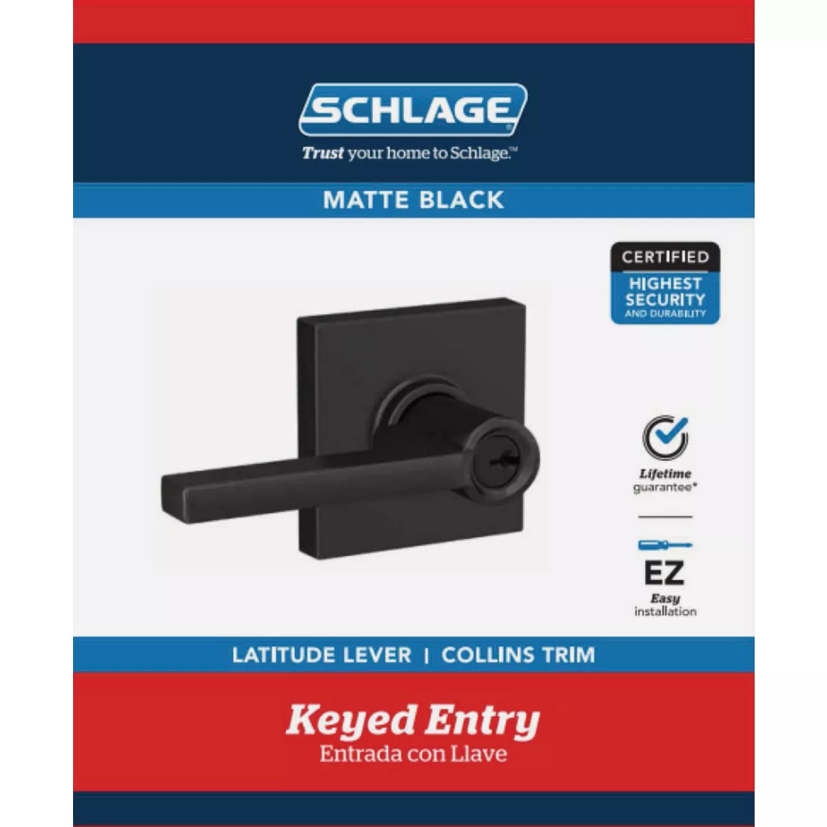 Schlage Latitude Lever with Collins Trim Keyed Entry Lock in Matte Black - photo 2
