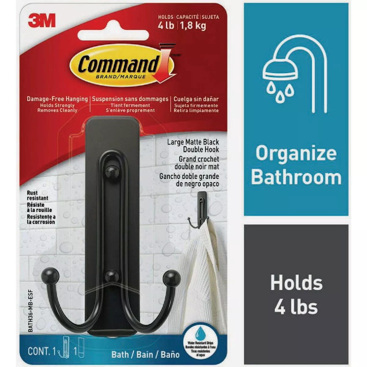 Command Large Double Bath Hook, Matte Black, 1 Hook, 2 Strips