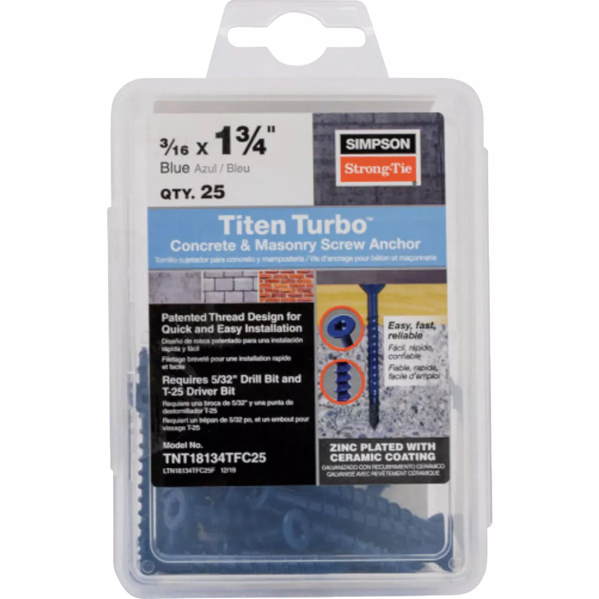 Simpson Strong-Tie Titen Turbo 3/16 In. x 1-3/4 In. T25 Flat-Head Concrete and Masonry Screw, Blue (25 Ct.)