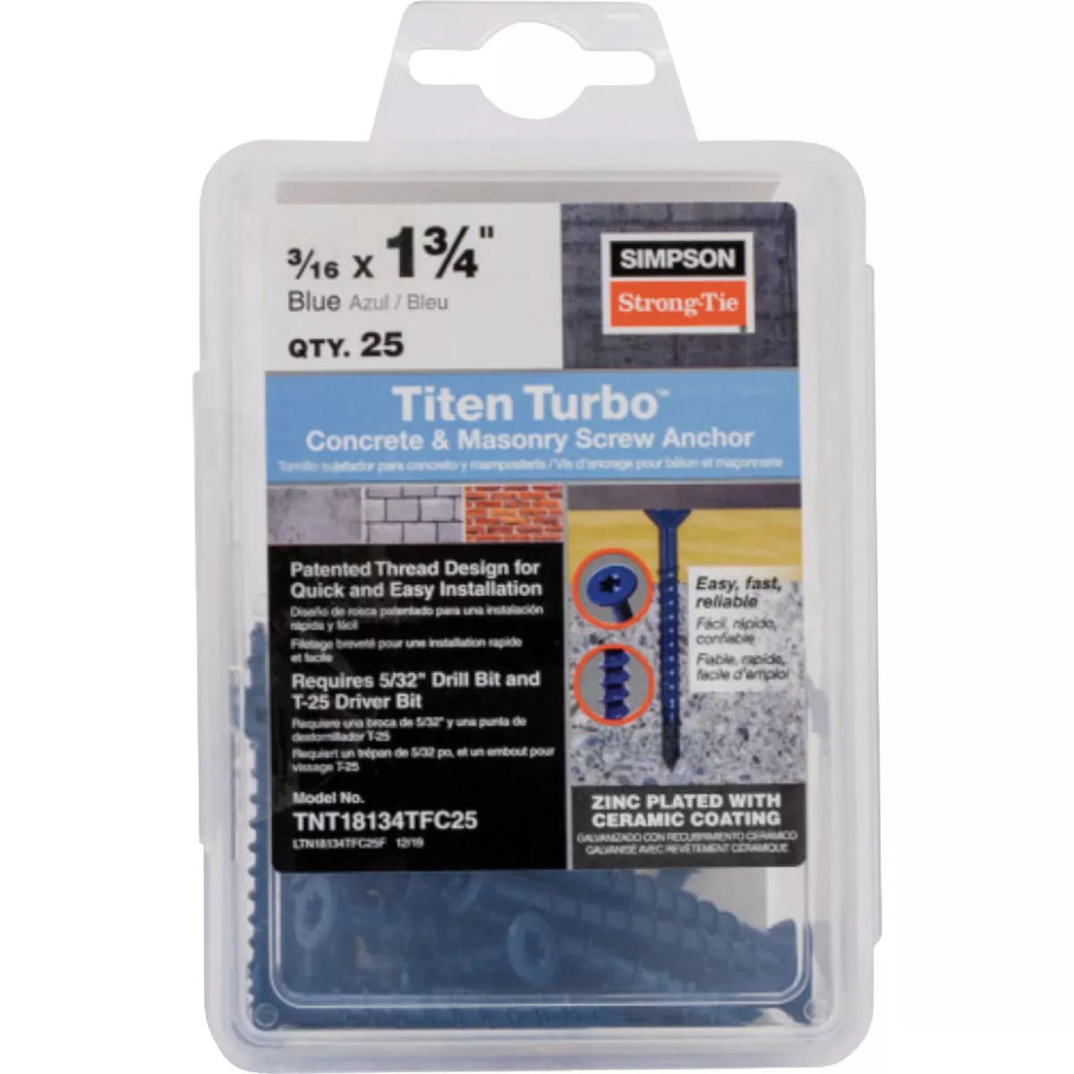Simpson Strong-Tie Titen Turbo 3/16 In. x 1-3/4 In. T25 Flat-Head Concrete and Masonry Screw, Blue (75 Ct.) - photo 2