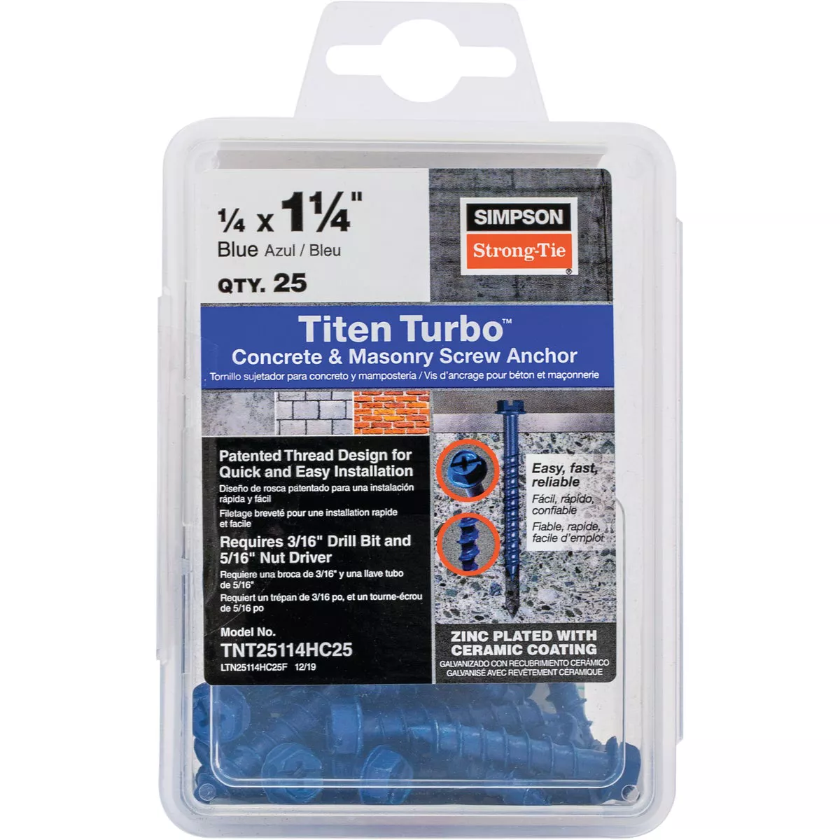 Simpson Strong-Tie Titen Turbo 1/4 In. x 1-1/4 In. Hex-Head Concrete and Masonry Screw, Blue (25 Ct.)