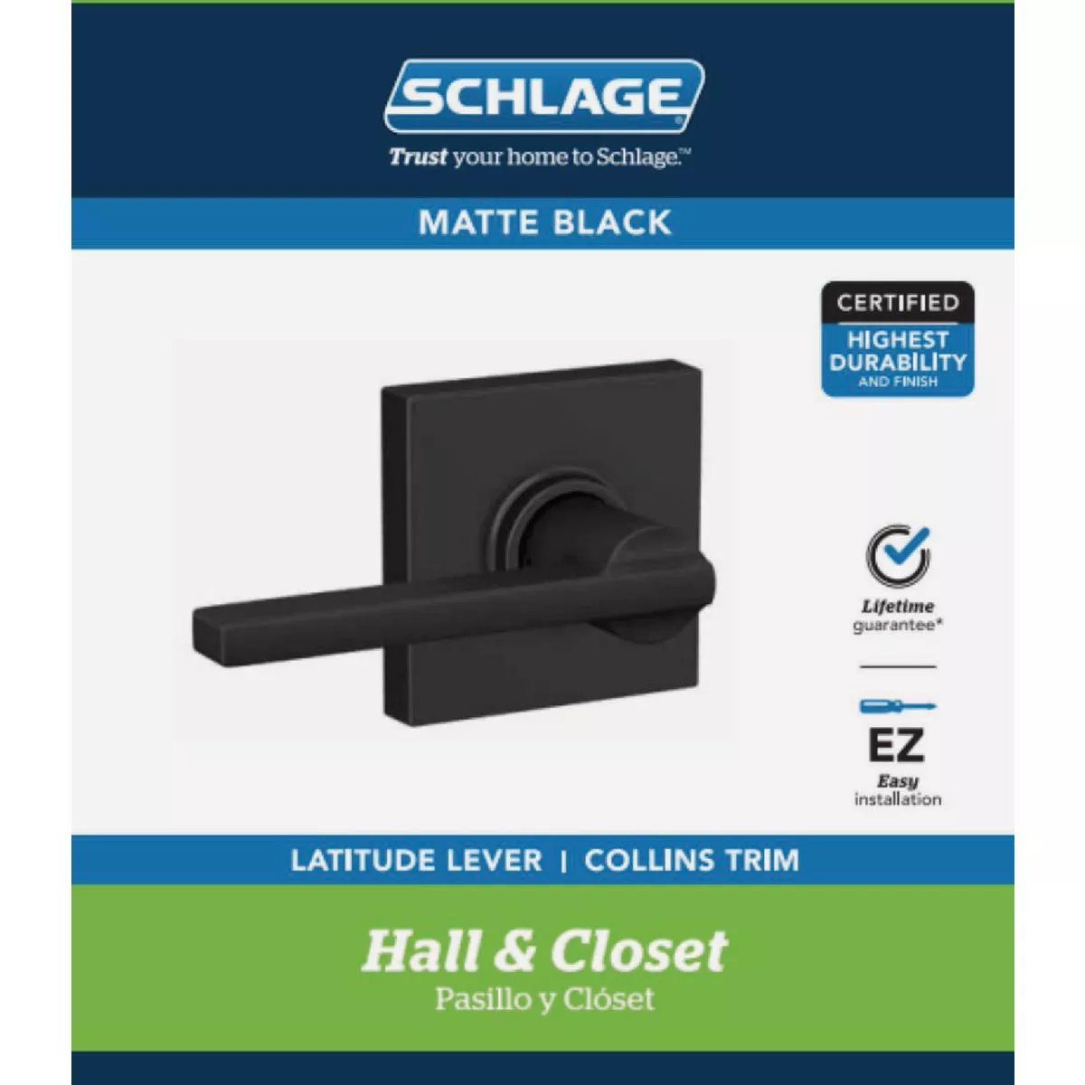 Schlage Latitude Lever Matte Black Hall & Closet Lock with Collins Trim - photo 2