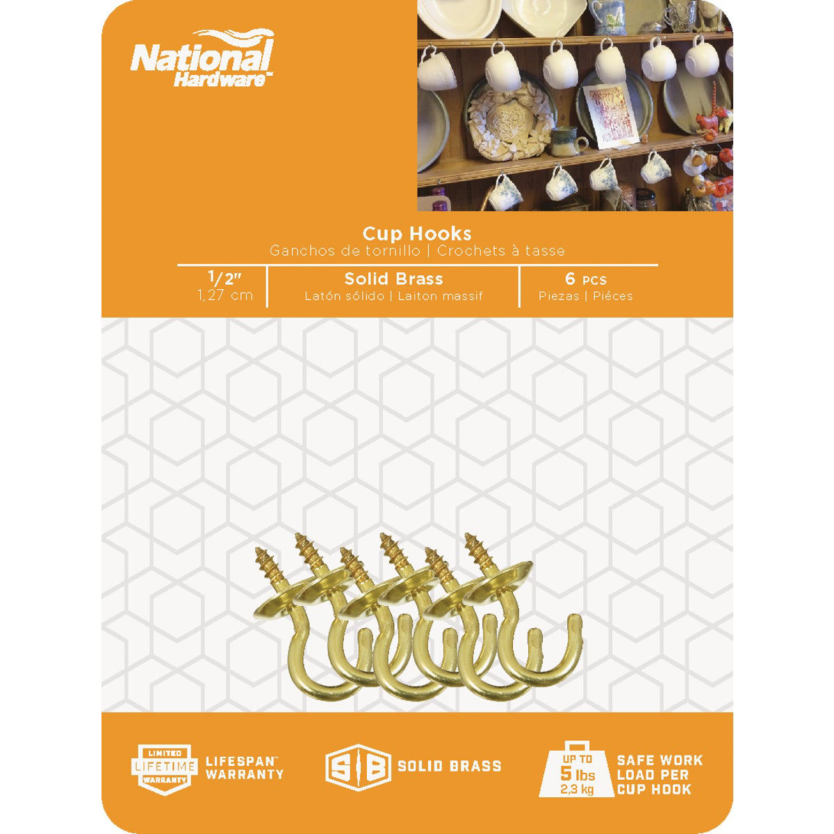 National V2021 1/2 In. Solid Brass Series Cup Hook (6 Count