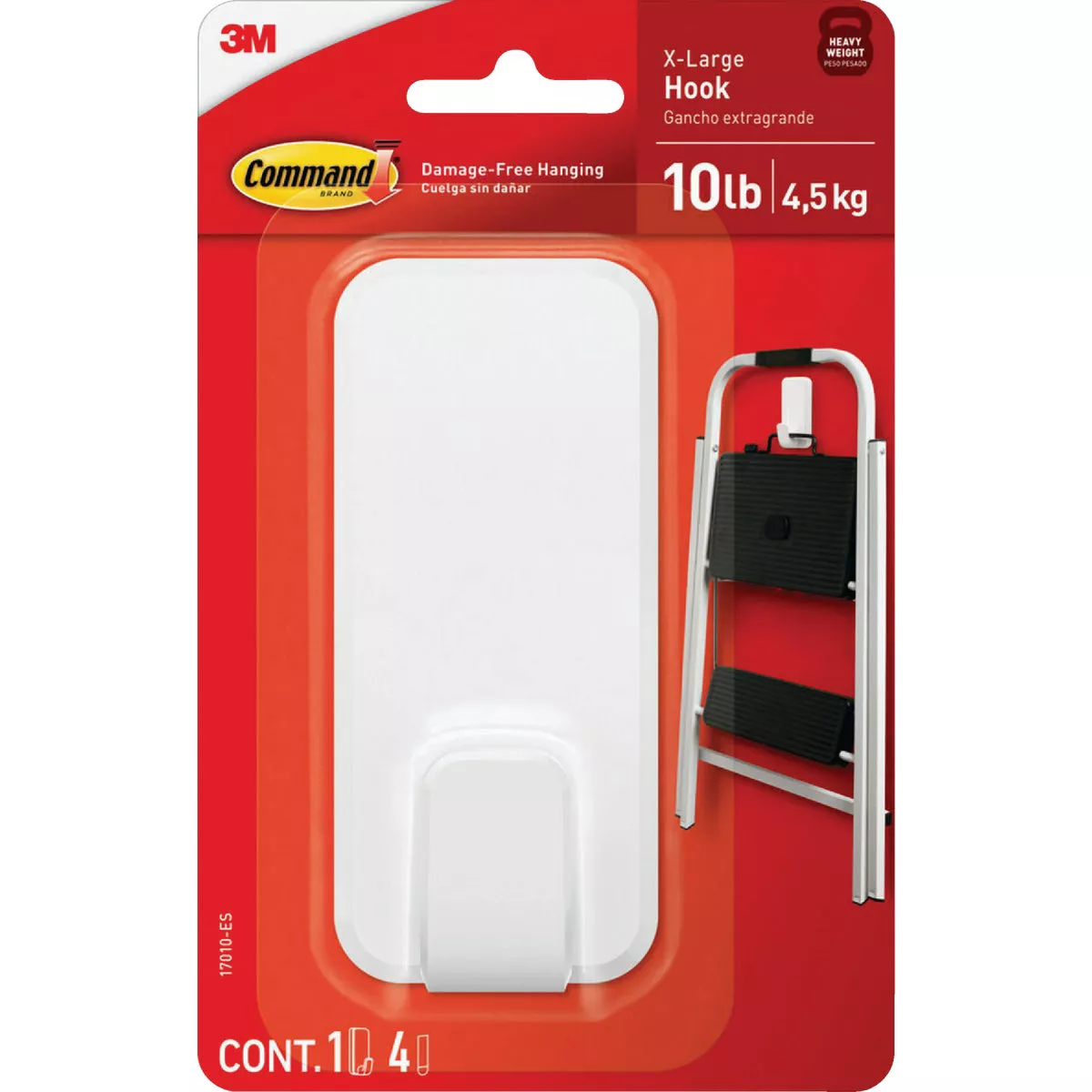 Command Extra Large 10 Lb. Adhesive Hook, White, 1 Hook, 4 Strips