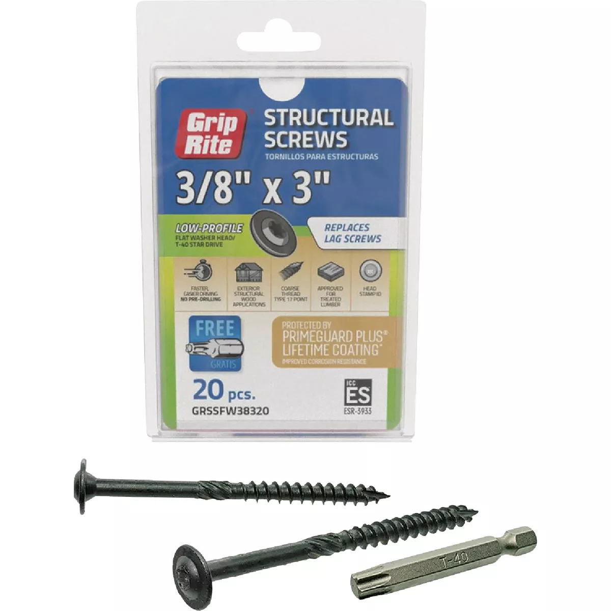 Grip-Rite PrimeGuard Plus 3/8 In. x 3 In. Flat Washer Head Structure Screw (20-Count)