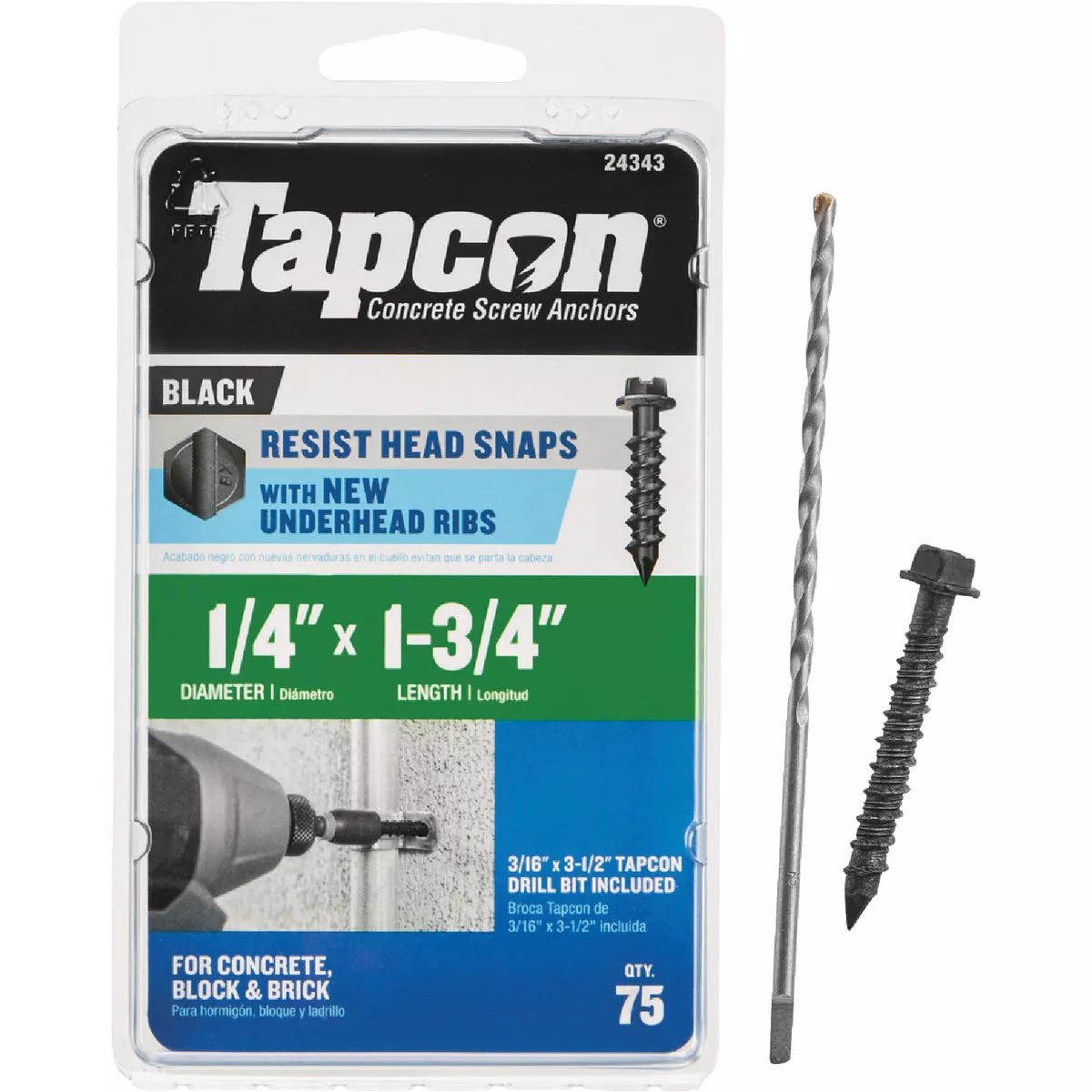 Tapcon 1/4 In. x 1-3/4 In. Black Hex Washer Concrete Screw Anchor (75 Ct.)