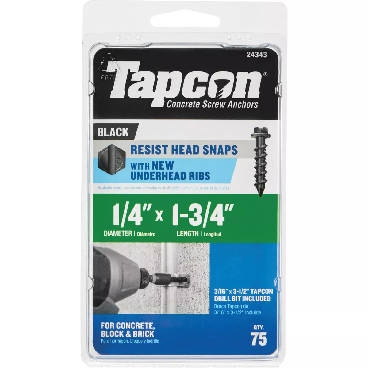 Tapcon 1/4 In. x 1-3/4 In. Black Hex Washer Concrete Screw Anchor (75 Ct.) - photo 5
