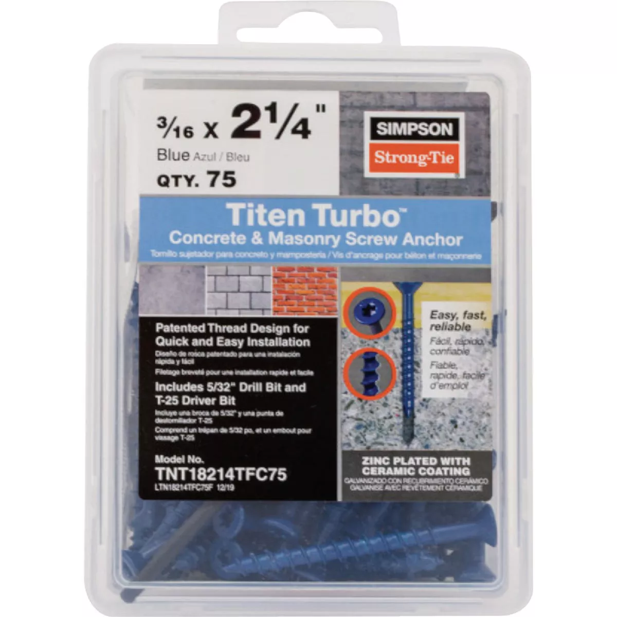 Simpson Strong-Tie Titen Turbo 3/16 In. x 2-1/4 In. T25 Flat-Head Concrete and Masonry Screw, Blue (75 Ct.) - photo 2