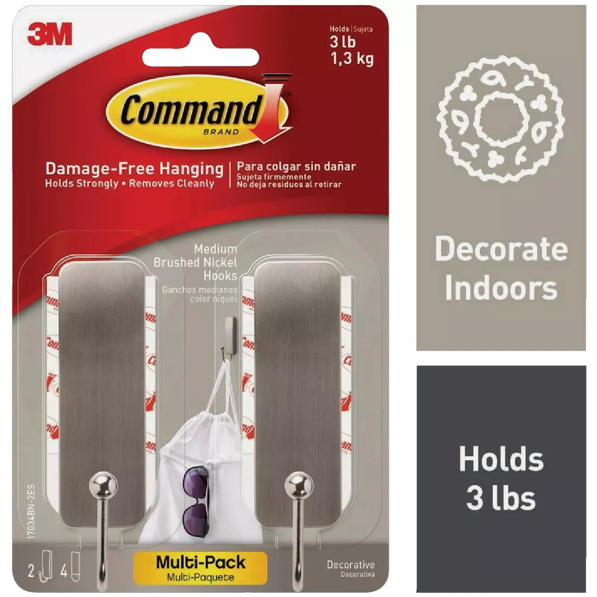Command Medium Brushed Nickel Decorative Hook, 2 Hooks, 4 Strips