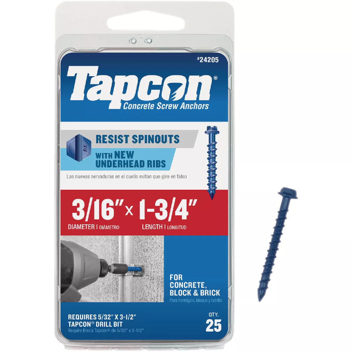 Tapcon 3/16 In. x 1-3/4 In. Hex Washer Head Concrete Screw Anchors (25-Count)