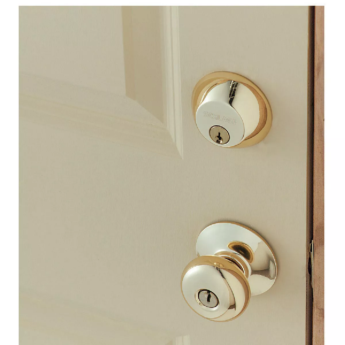 Schlage Bright Brass Single Cylinder Deadbolt & Plymouth Keyed Entry Knob - photo 2