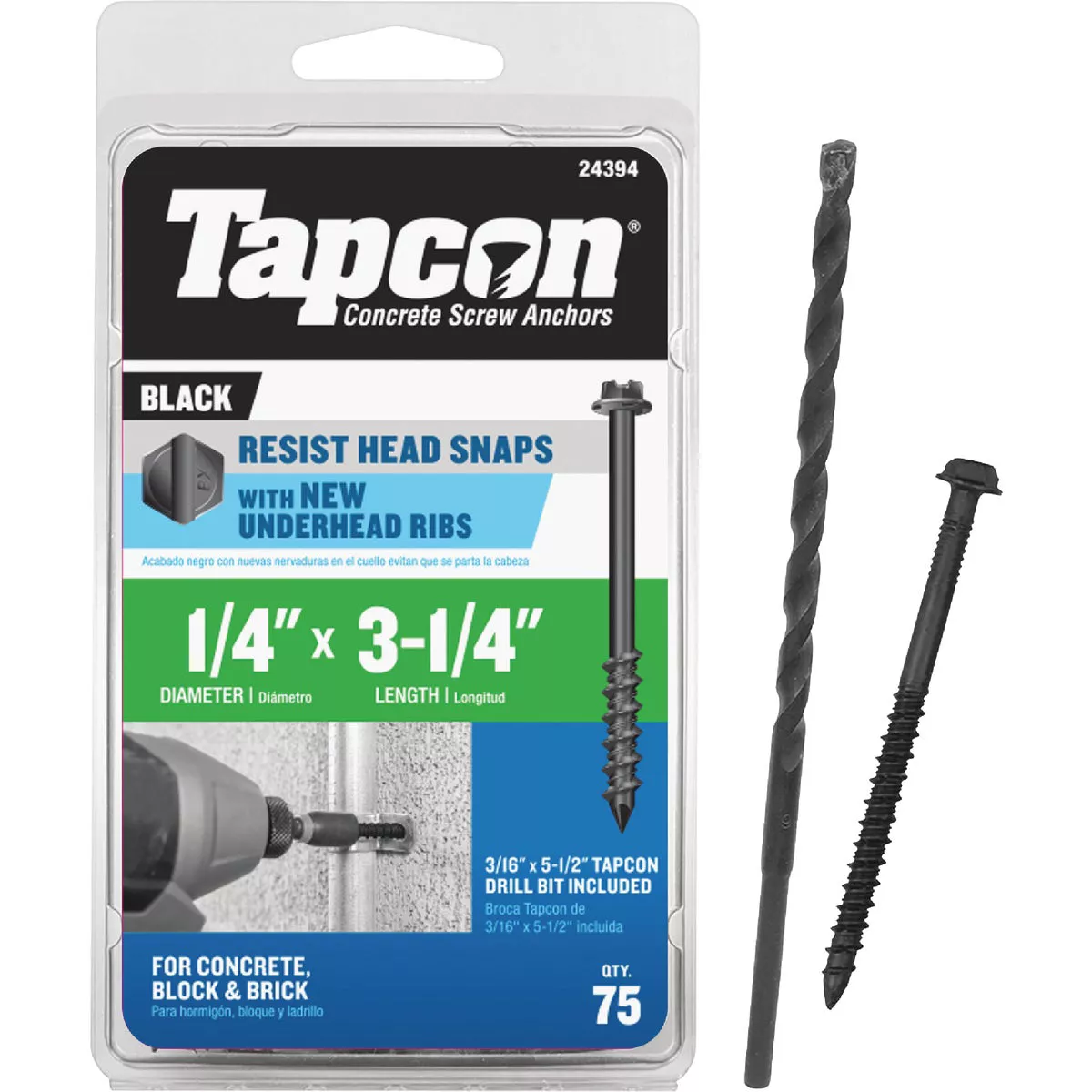 Tapcon 1/4 In. x 3-1/4 In. Black Hex Washer Concrete Screw Anchor (75 Ct.)
