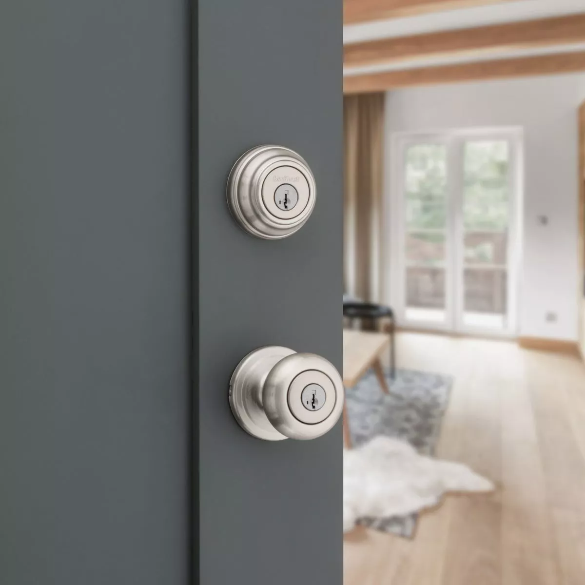 Kwikset Signature Series Juno Satin Nickel Deadbolt and Door Kwikset Signature Series Juno Satin Nickel Deadbolt and Door