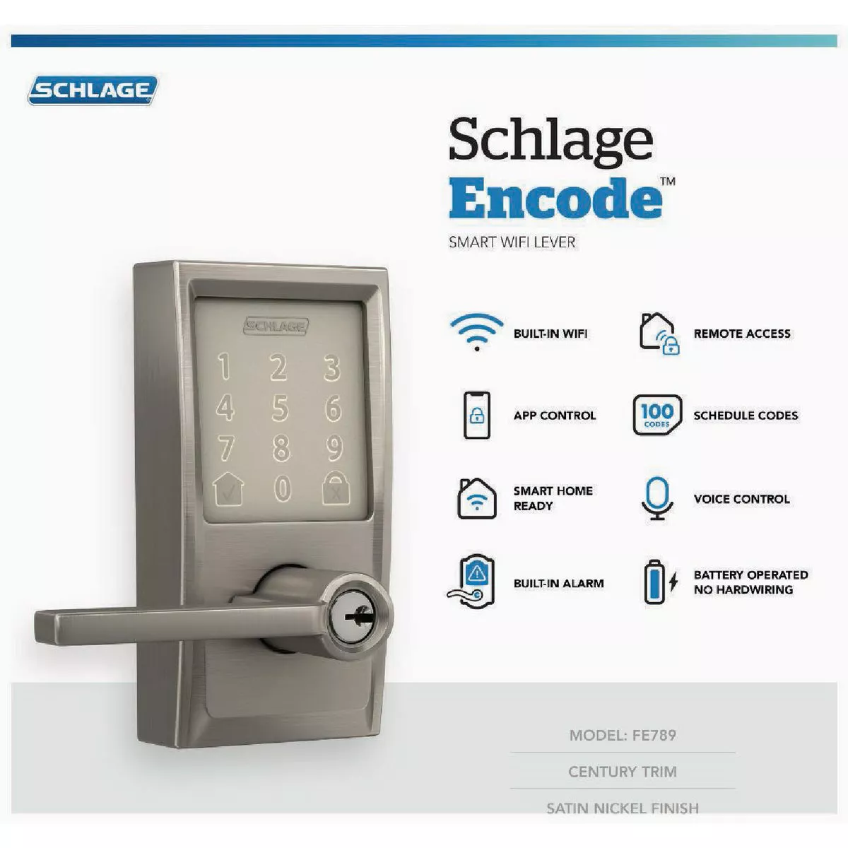 Schlage Encode Smart WiFi Satin Nickel Latitude Lever with Century Trim - photo 3