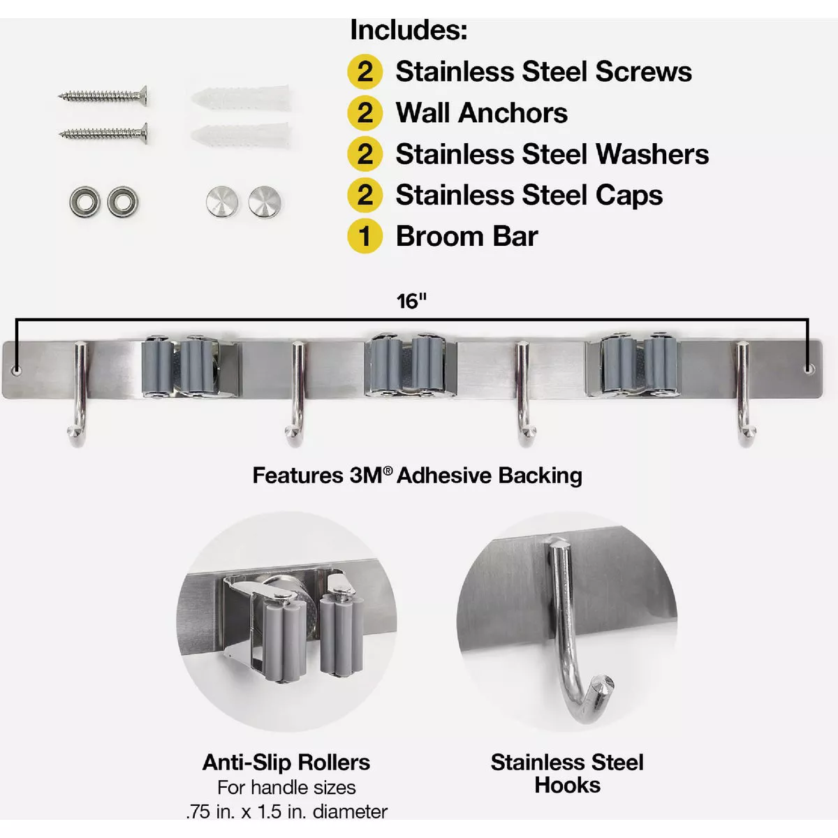 Wrap-It Storage Broom Bar 16 In. Stainless Steel Adhesive Broom Holder - photo 2