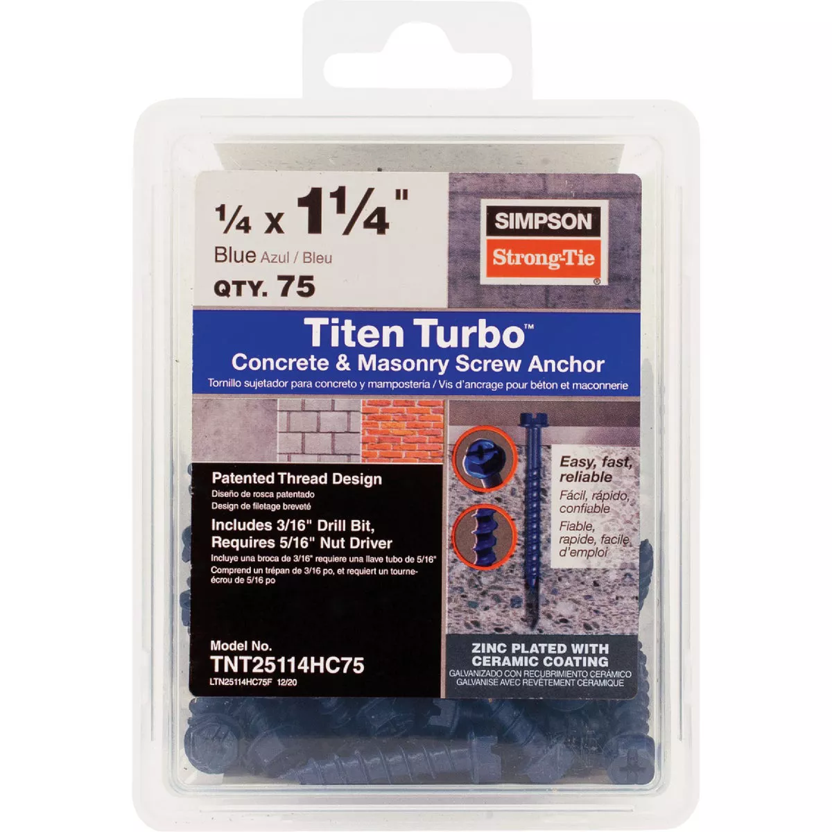 Simpson Strong-Tie Titen Turbo 1/4 In. x 1-1/4 In. Hex-Head Concrete and Masonry Screw, Blue (75-Count) - photo 2