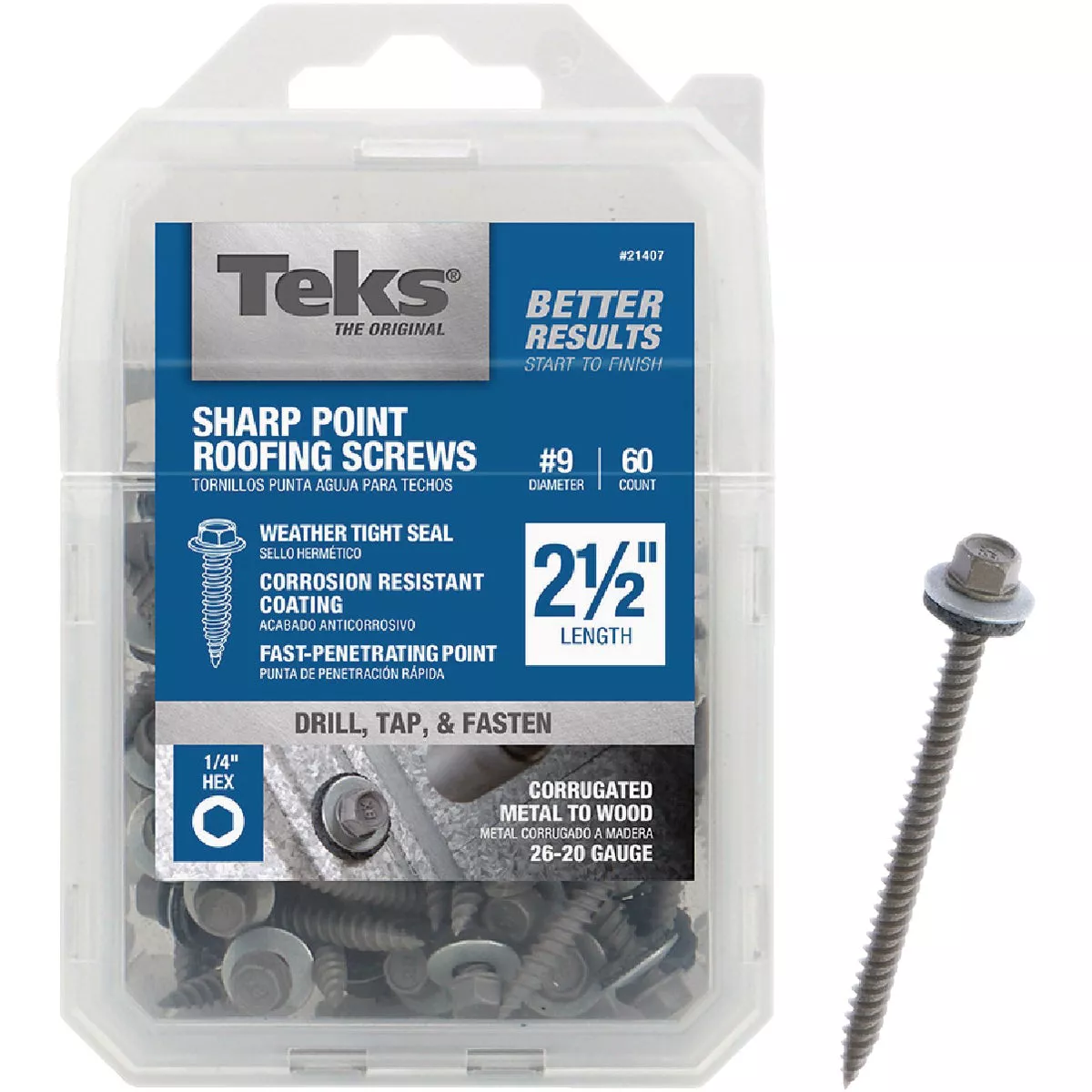 Teks #9 x 2-1/2 In. Hex Washer Head Sharp Point Metal to Wood Roofing Screw (60 Ct.)