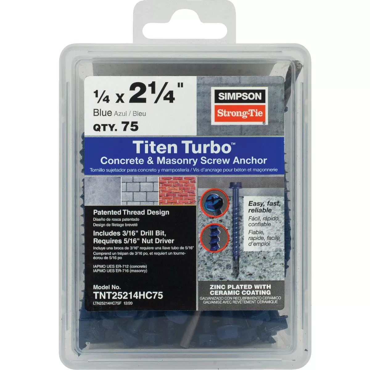 Simpson Strong-Tie Titen Turbo 1/4 In. x 2-1/4 In. Hex-Head Concrete and Masonry Screw, Blue (75-Count) - photo 2