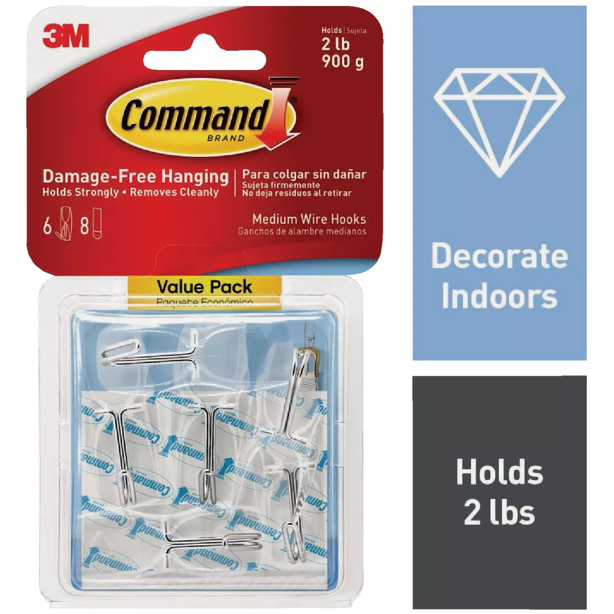 Command Medium Wire Hook Value Pack, Clear, 6 Hooks, 8 Strips
